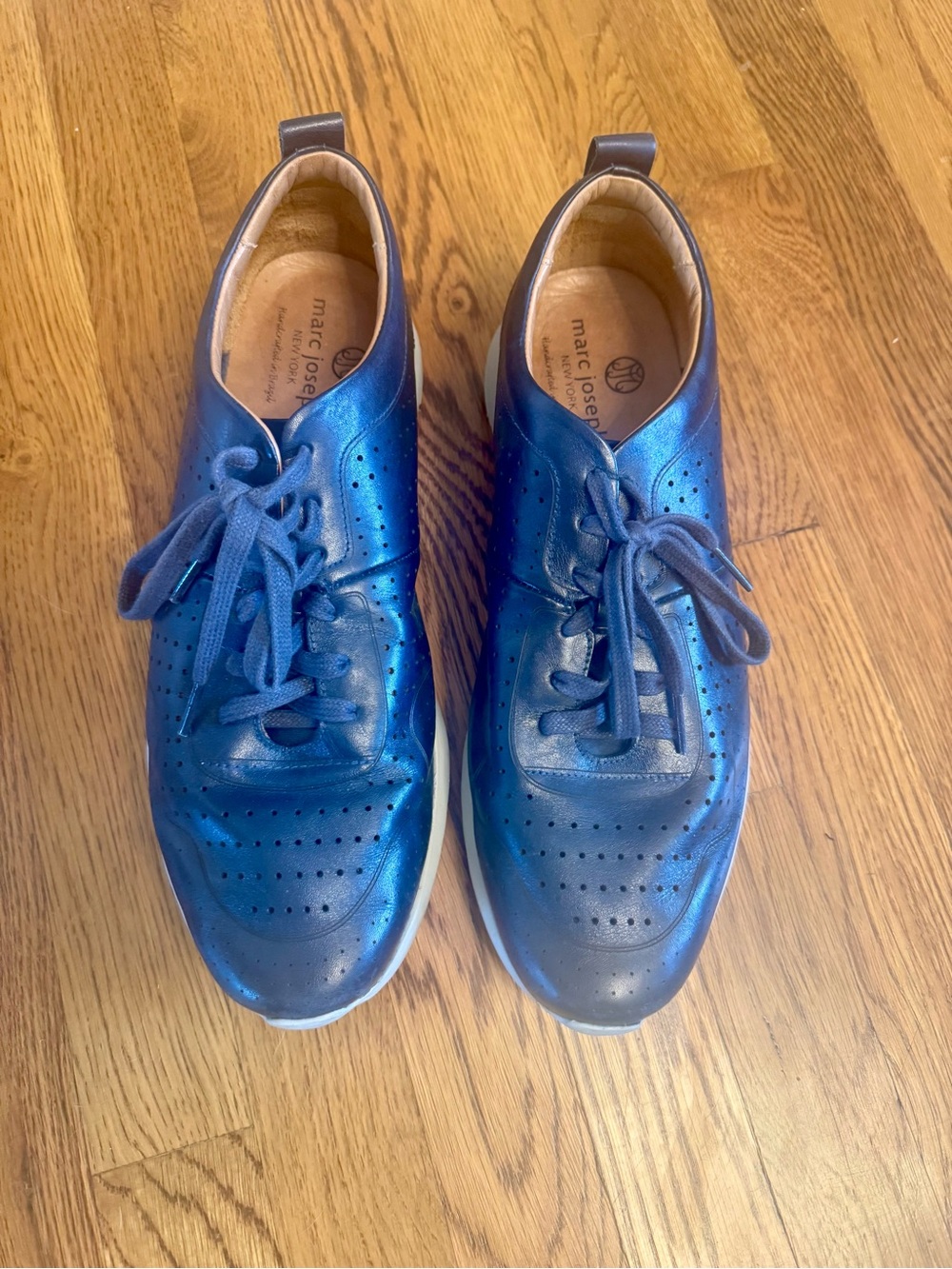 Marc Joseph blue leather lace up sneakers perforated design